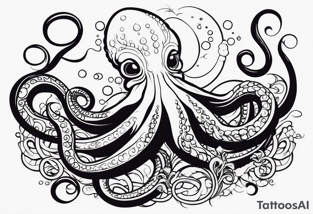 Tribal half sleeve. octopus surrounded by ribbons of water waves filled with fish. the octopus has no eyes. Use thick lines only with less detail. tattoo idea