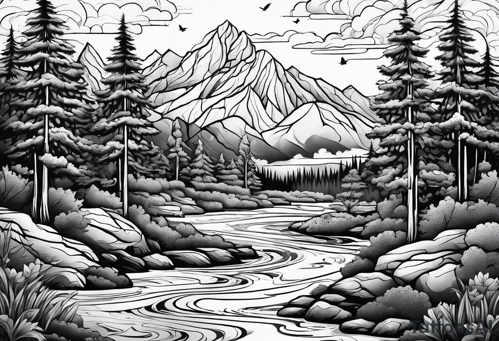 water, clouds, trees, mountains tattoo idea