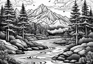 water, clouds, trees, mountains tattoo idea