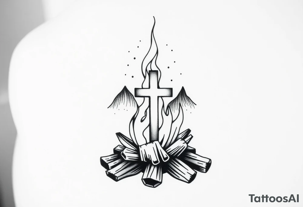 Campfire with cross hidden well in the flames include the great outdoors and night sky make sure cross doesn't look like it is on fire tattoo idea