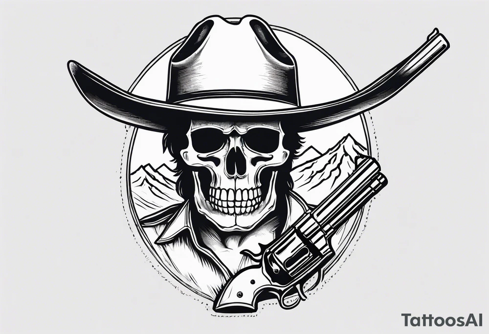 skeleton with a cowboy hat, holding a revolver, in the background there's a western hill and a man on a horseback tattoo idea