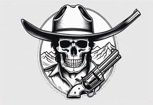 skeleton with a cowboy hat, holding a revolver, in the background there's a western hill and a man on a horseback tattoo idea