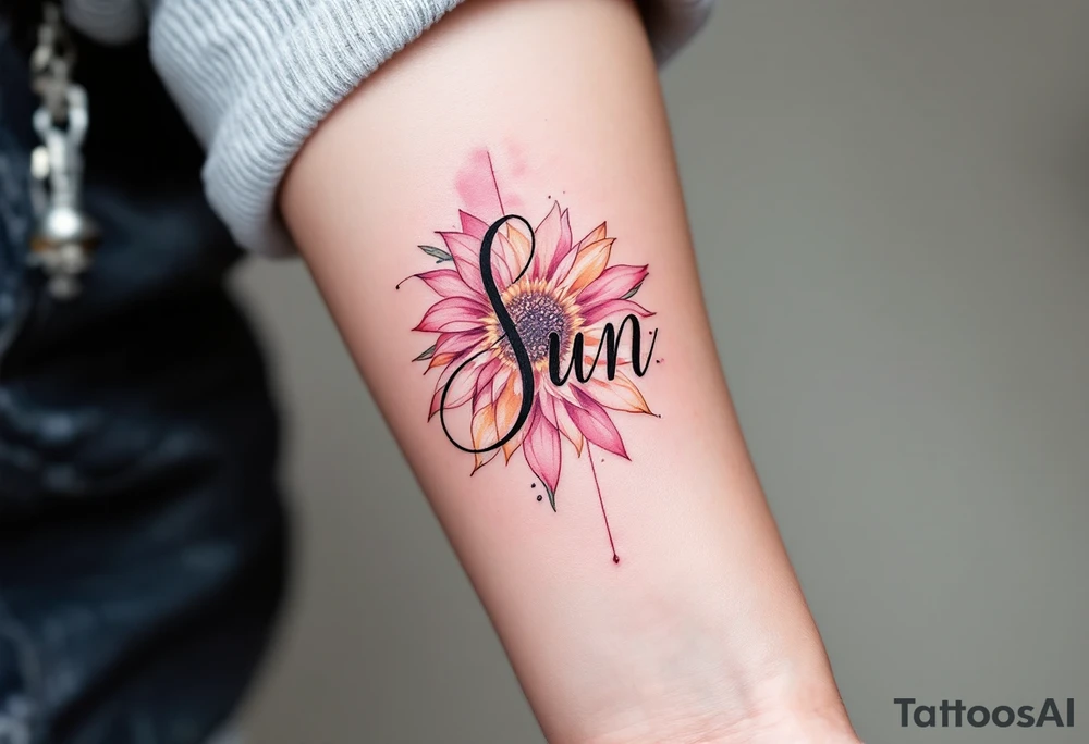 Word "Sun" written vertical with sunflower in pink tattoo idea