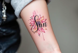 Word "Sun" written vertical with sunflower in pink tattoo idea