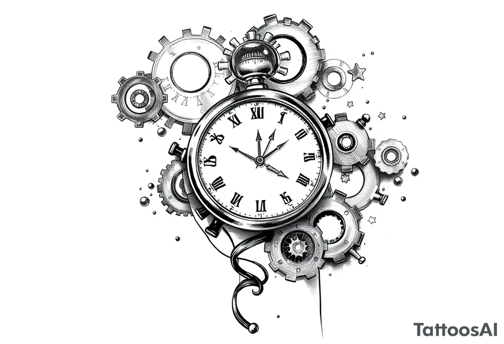 Clocks on arm that show kids birthday with gears as background tattoo idea