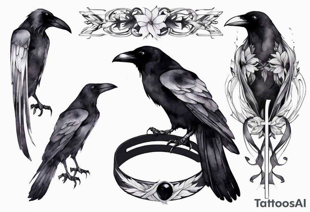 raven with a white ribbon bracelet tattoo idea