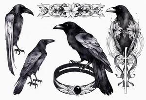 raven with a white ribbon bracelet tattoo idea