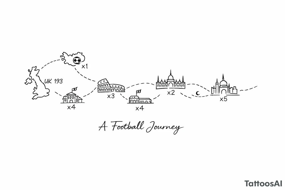 A football journey no crests stars each country on how many times ive played there
A fine-line world map or stylized route connecting Iceland ➔ Italy ➔ Spain ➔ Turkey ➔ Hungary ➔ France, with minimalist markers for each club.
Starting in uk 193 tattoo idea