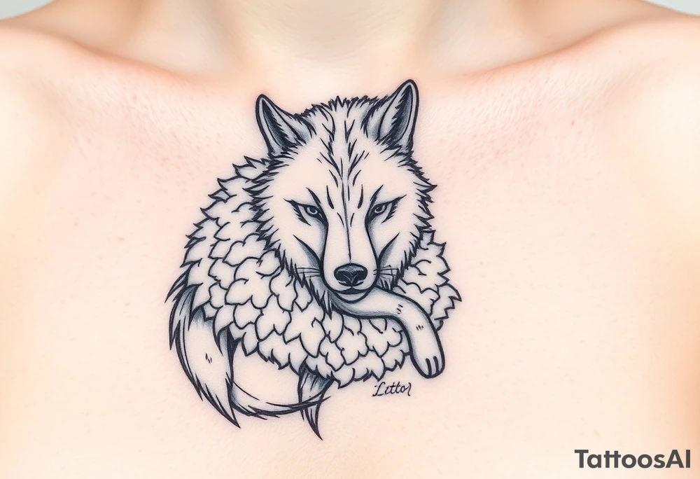 Wolf wearing a sheeps wool around its body like a coat prowling around tattoo idea