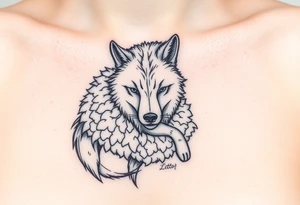 Wolf wearing a sheeps wool around its body like a coat prowling around tattoo idea