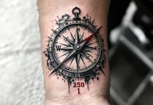 A compass in black and grey realism, with the needle pointing to the son's birthdate in deep red numerals. tattoo idea