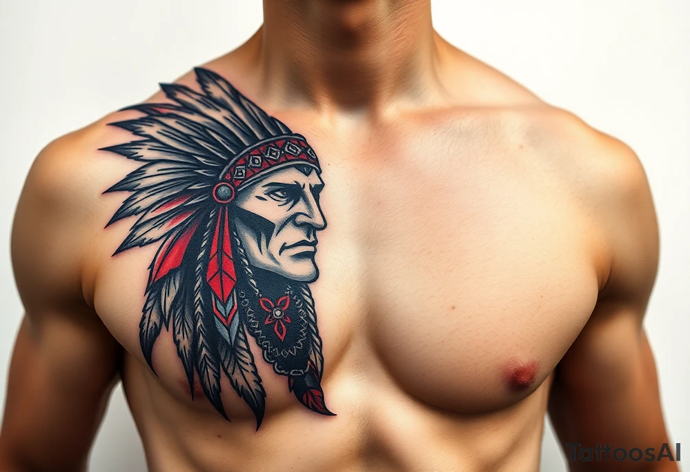 Indian warrior black and red on left chest male tattoo idea