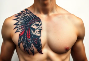 Indian warrior black and red on left chest male tattoo idea