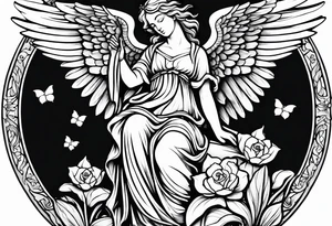 Simple Angel statue stood on a rock with daffodils and roses wrapped around its legs tattoo idea