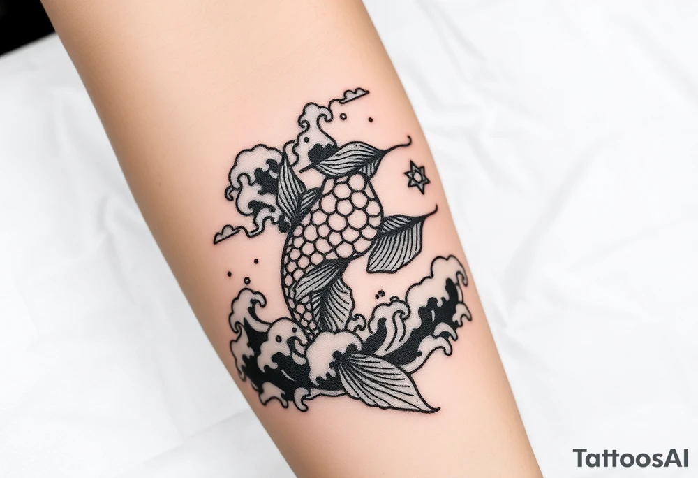 traditional koi fish swimming upstream through turbulent waves tattoo idea