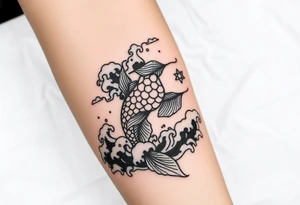 traditional koi fish swimming upstream through turbulent waves tattoo idea