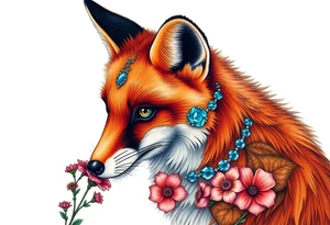 adult fox with blue jewelry smelling wild flowers tattoo idea