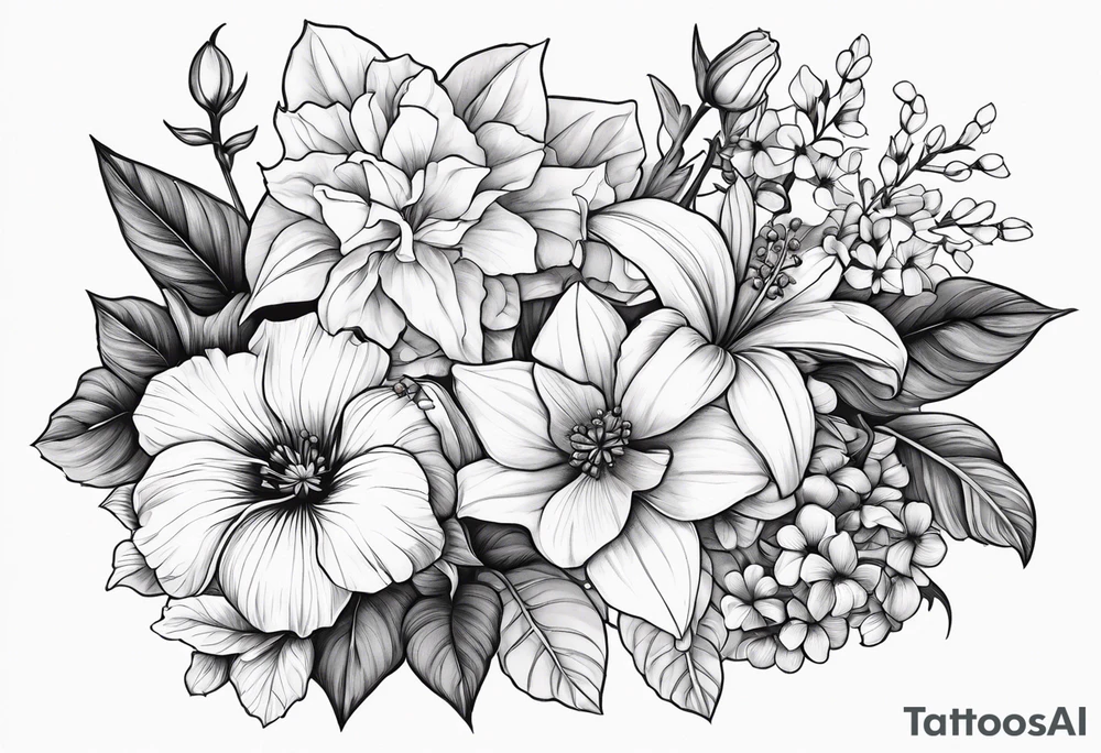 Floral Bouquet with blue hydrangea,Gladiolus, Poppy,Daisy,Sweet Pea,Narcissus, Poinsettia, and Holly tattoo idea