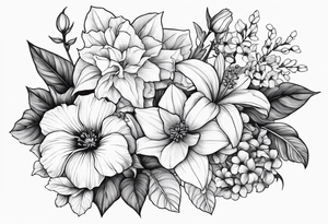 Floral Bouquet with blue hydrangea,Gladiolus, Poppy,Daisy,Sweet Pea,Narcissus, Poinsettia, and Holly tattoo idea