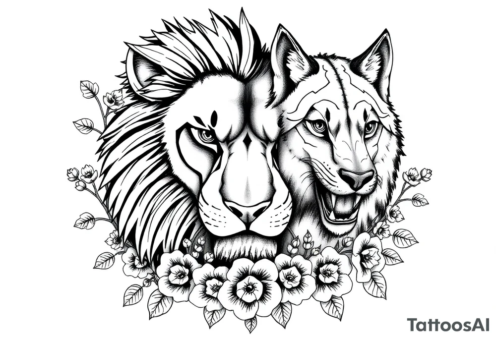 Half powerful majestic lion but half wolf forward facing representing protection floral brambles surrounded tattoo idea