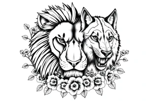Half powerful majestic lion but half wolf forward facing representing protection floral brambles surrounded tattoo idea