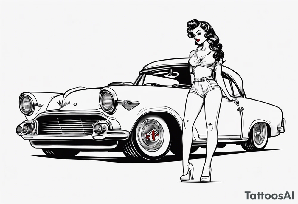 pinup doll on the hood of a classic vintage car tattoo idea