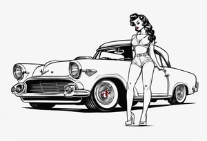 pinup doll on the hood of a classic vintage car tattoo idea