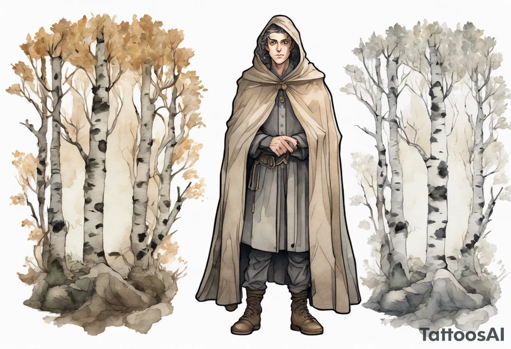 a solitary medieval Tan France wearing a grey cloak standing in a birch forest tattoo idea