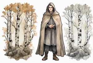 a solitary medieval Tan France wearing a grey cloak standing in a birch forest tattoo idea
