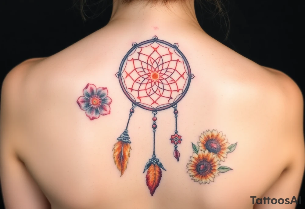 Dreamcatcher with zodiac symbols and protection runes caught in it with tigerlillies roses and sunflowers tattoo idea