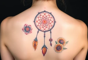 Dreamcatcher with zodiac symbols and protection runes caught in it with tigerlillies roses and sunflowers tattoo idea