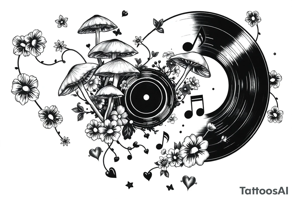 vinyl record with mushrooms, flowers, hearts, and music notes tattoo idea