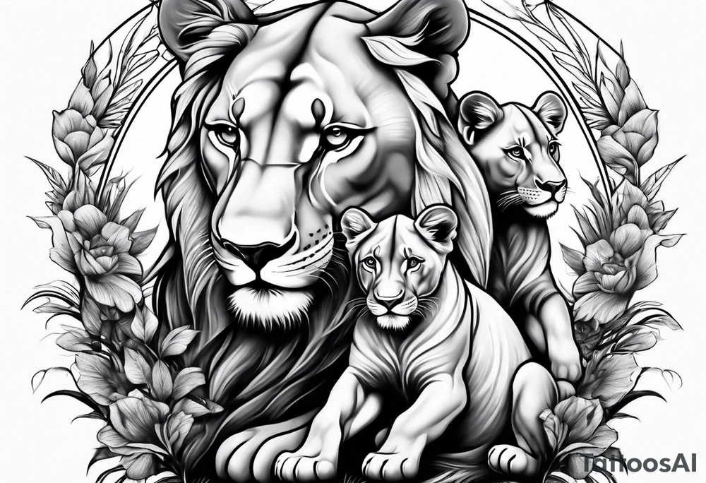 Lioness on her hind legs
 protecting her two cubs tattoo idea