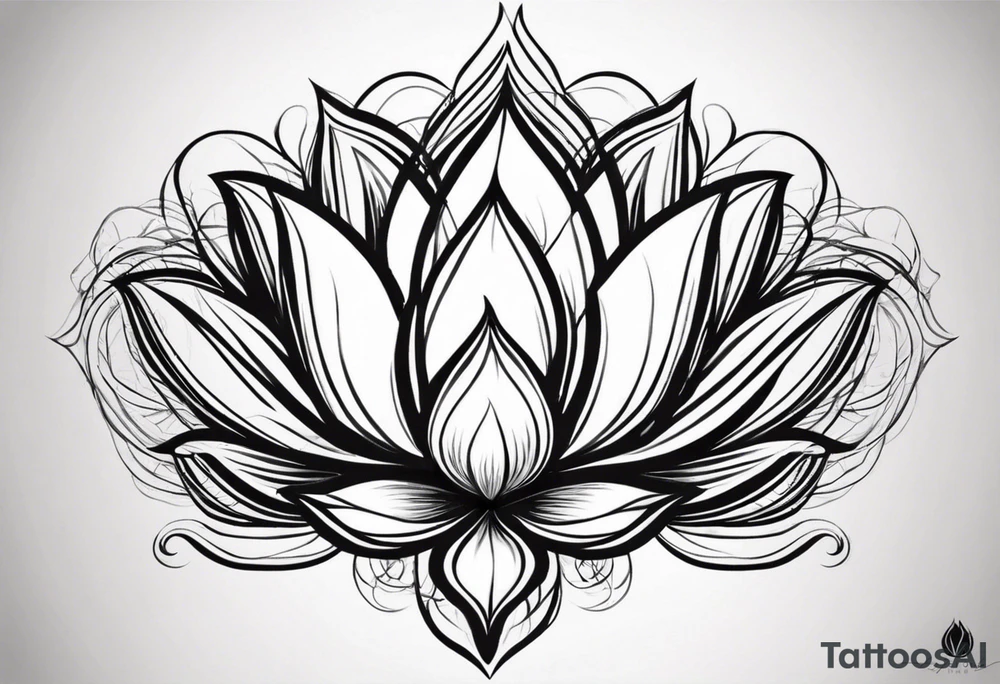 Make a strong and abstract looking lotus flower that will take up the upper left portion of my back. Embedded in the lotus’s leaves should be a rocky area to symbolize strength, a helix to symbolize resiliency and a Greek delta to symbolize transformation. The tattoo should overall represent resiliency and strength and present a strong, firm foundation that displays strength in the face of trauma. The lotus will be the focal point with the other elements naturally included. tattoo idea