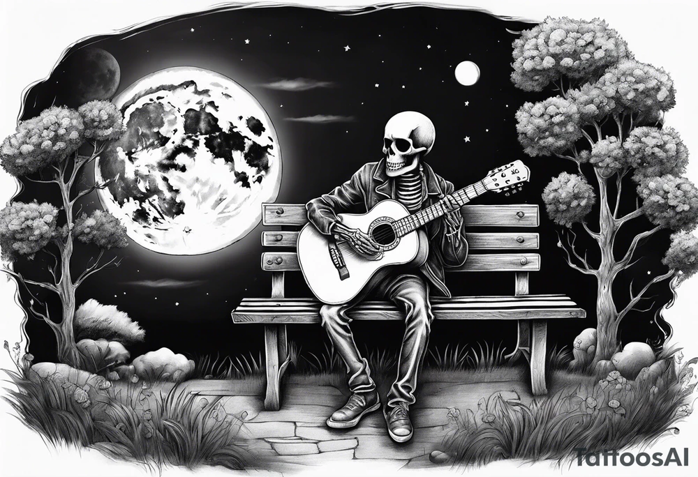 peaceful skeleton sitting on a park bench playing acoustic guitar on a cloudy night with a large full moon tattoo idea