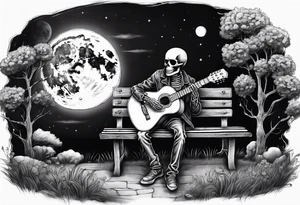 peaceful skeleton sitting on a park bench playing acoustic guitar on a cloudy night with a large full moon tattoo idea