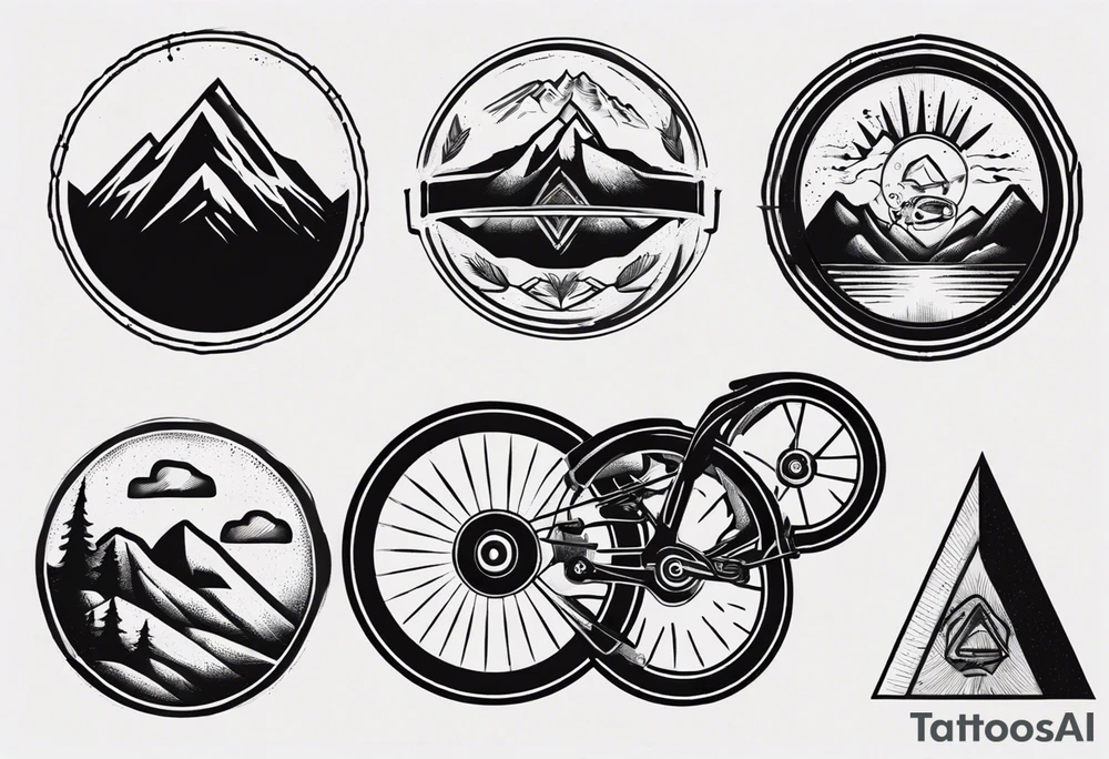road cycle front wheel drawn as a gym weight plate with a mountain in the middle tattoo idea