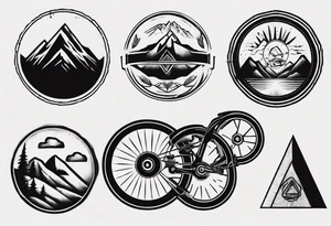 road cycle front wheel drawn as a gym weight plate with a mountain in the middle tattoo idea