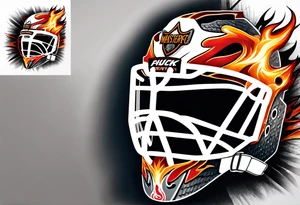 a puck hitting a goalie mask with crossed hockey sticks and flames that says "SHOT HOCKEY" tattoo idea