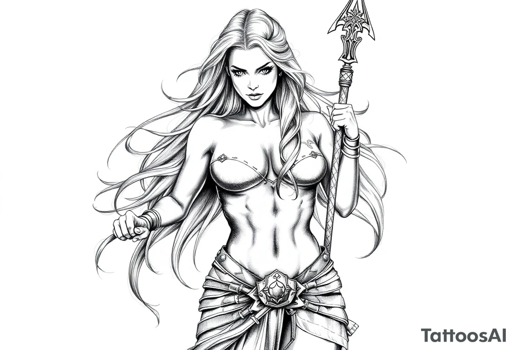 Viking goddess warrior full body sexy long hair pin up tattoo idea