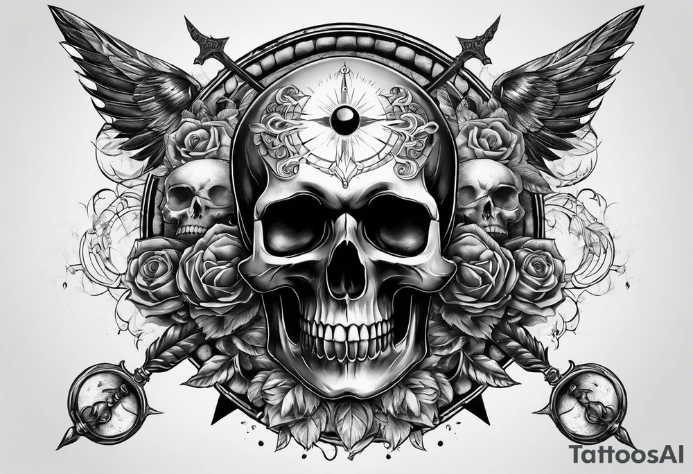 Skull with third eye and dagger through it with the phases of the moon at the bottom tattoo idea