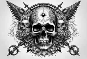 Skull with third eye and dagger through it with the phases of the moon at the bottom tattoo idea