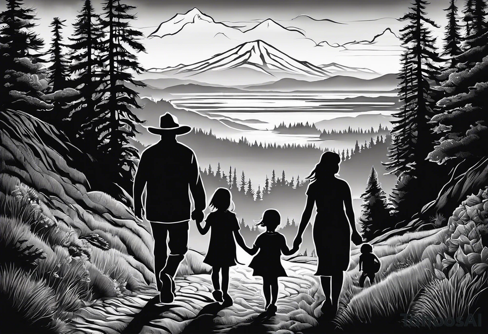 A shadow of a family of four walking through the Pacific northwest landscape. Father, Wife, Son, daughter.
 Faith centered and add Mexican tribal  border with importance of faith tattoo idea