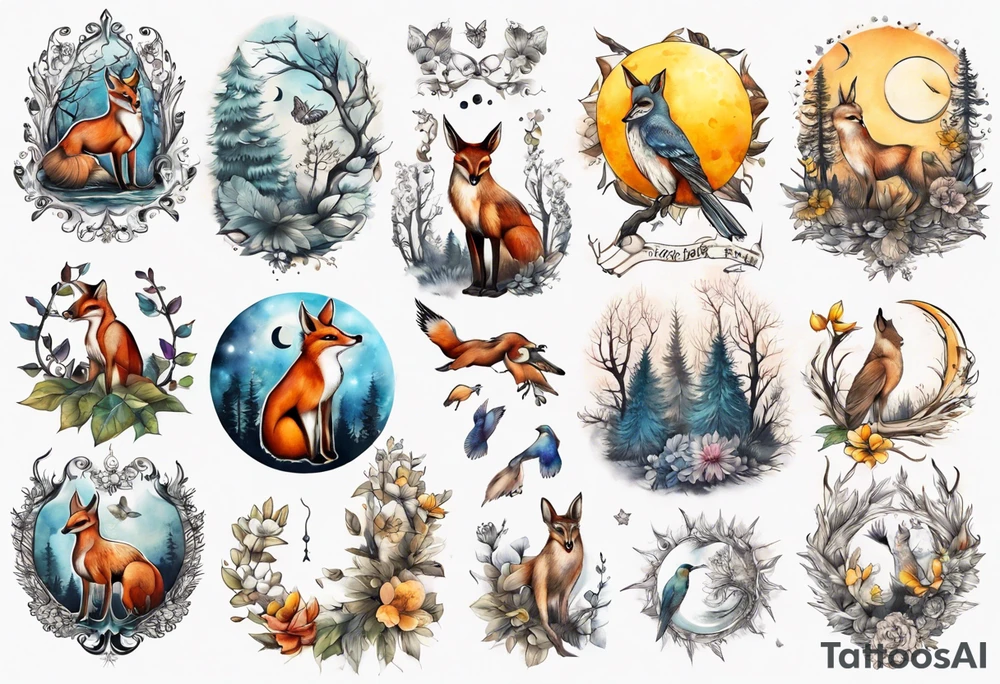 wasser, sonne, mond, fuchs, eule kolibri, wald, hirsch, blume des lebens, 
baum, berlin tattoo idea