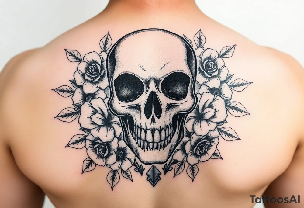 skull, surrounded by floral ornaments tattoo idea