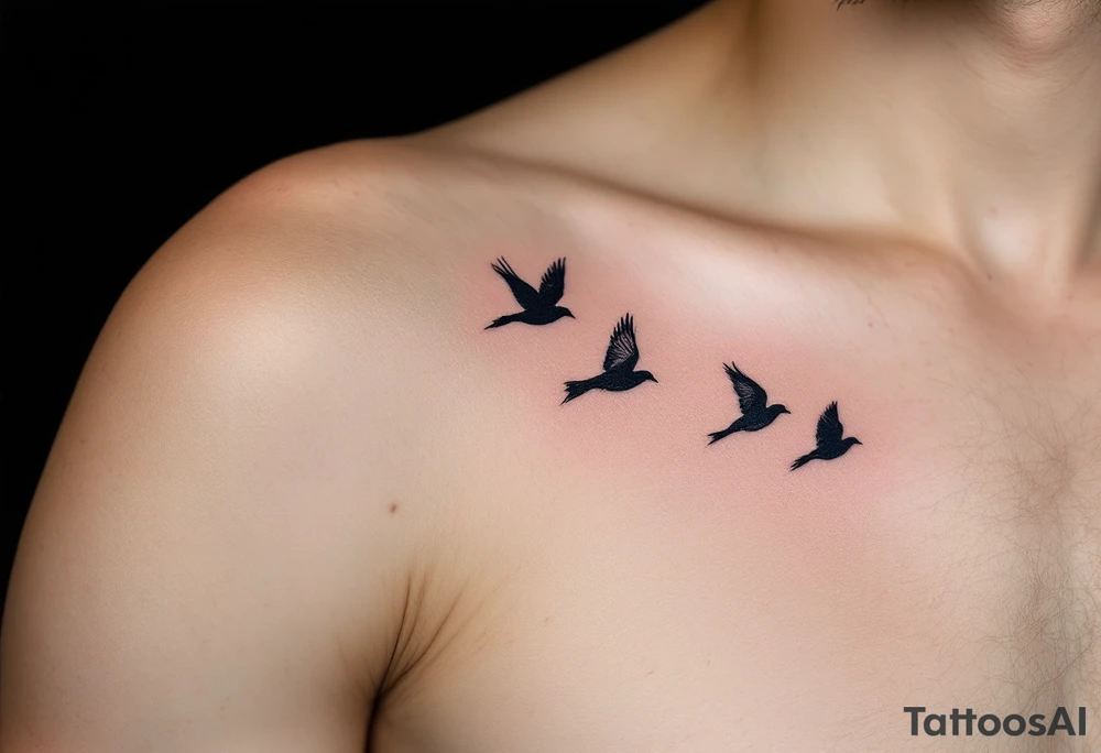 A delicate yet powerful tattoo of three birds in flight, symbolizing freedom and individuality, designed in a minimalist style. The birds can be shaded in black with soft hints of blue and grey to give them a fluid, wind-swept appearance. Black, blue, grey. tattoo idea