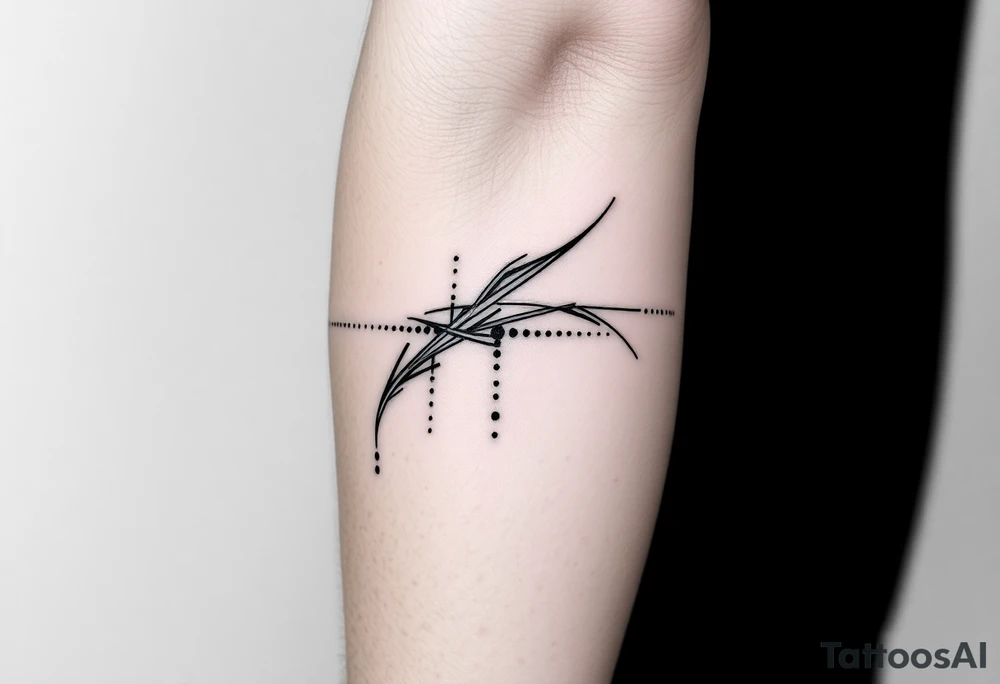 Abstract black line tattoo for a male, inner forearm and elbow area.
Broken, segmented flowing lines, sharp turns, mechanical rhythm, subtle dot accents.
Not delicate, not ornamental, technical and controlled motion.
Black ink only, no shading, photo-accurate tattoo design. tattoo idea