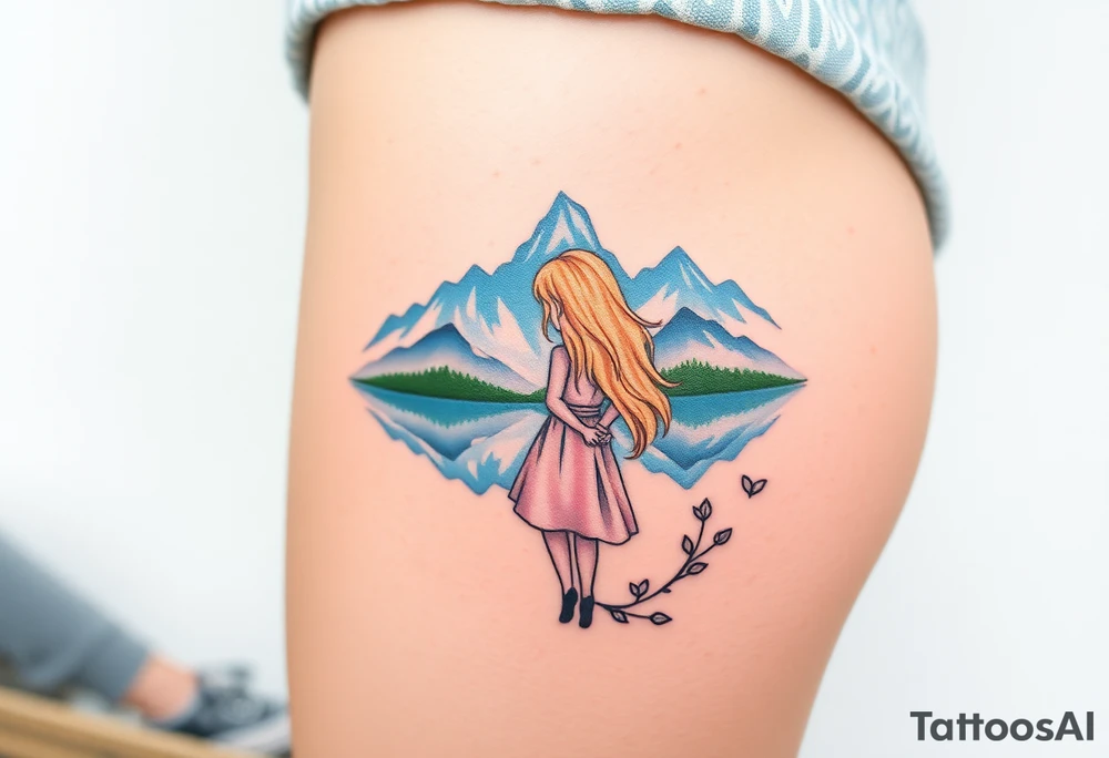 Little blond girl in front of a lake and mountain tattoo idea