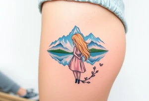Little blond girl in front of a lake and mountain tattoo idea