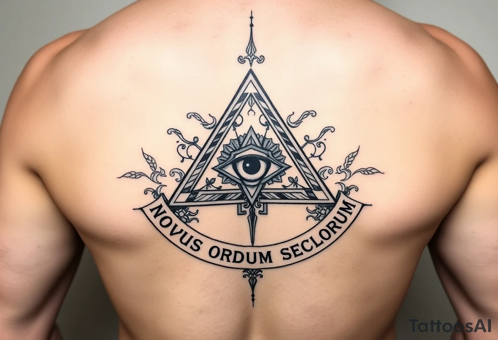 Pyramid with eye in the center, surrounded by words - novus ordum seclorum tattoo idea